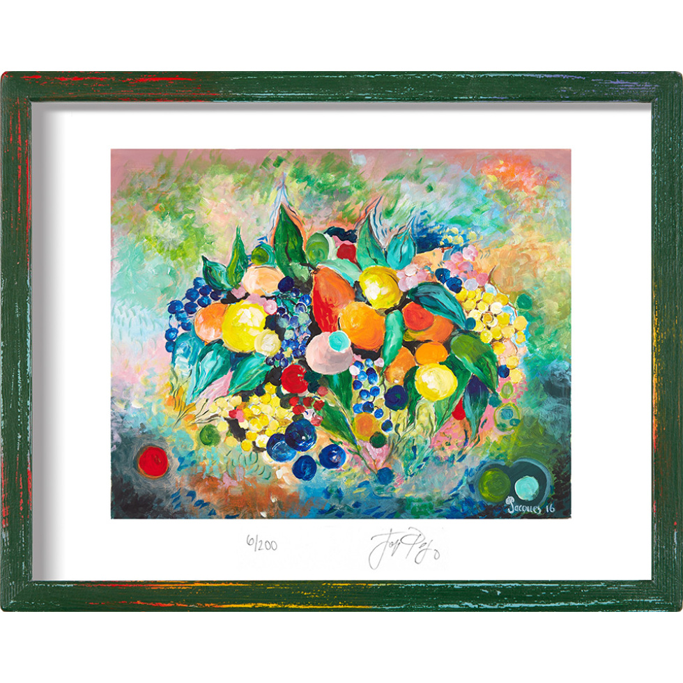 “Fruit Eruption” framed limited edition Jacques Pepin print. Individually signed and numbered.
