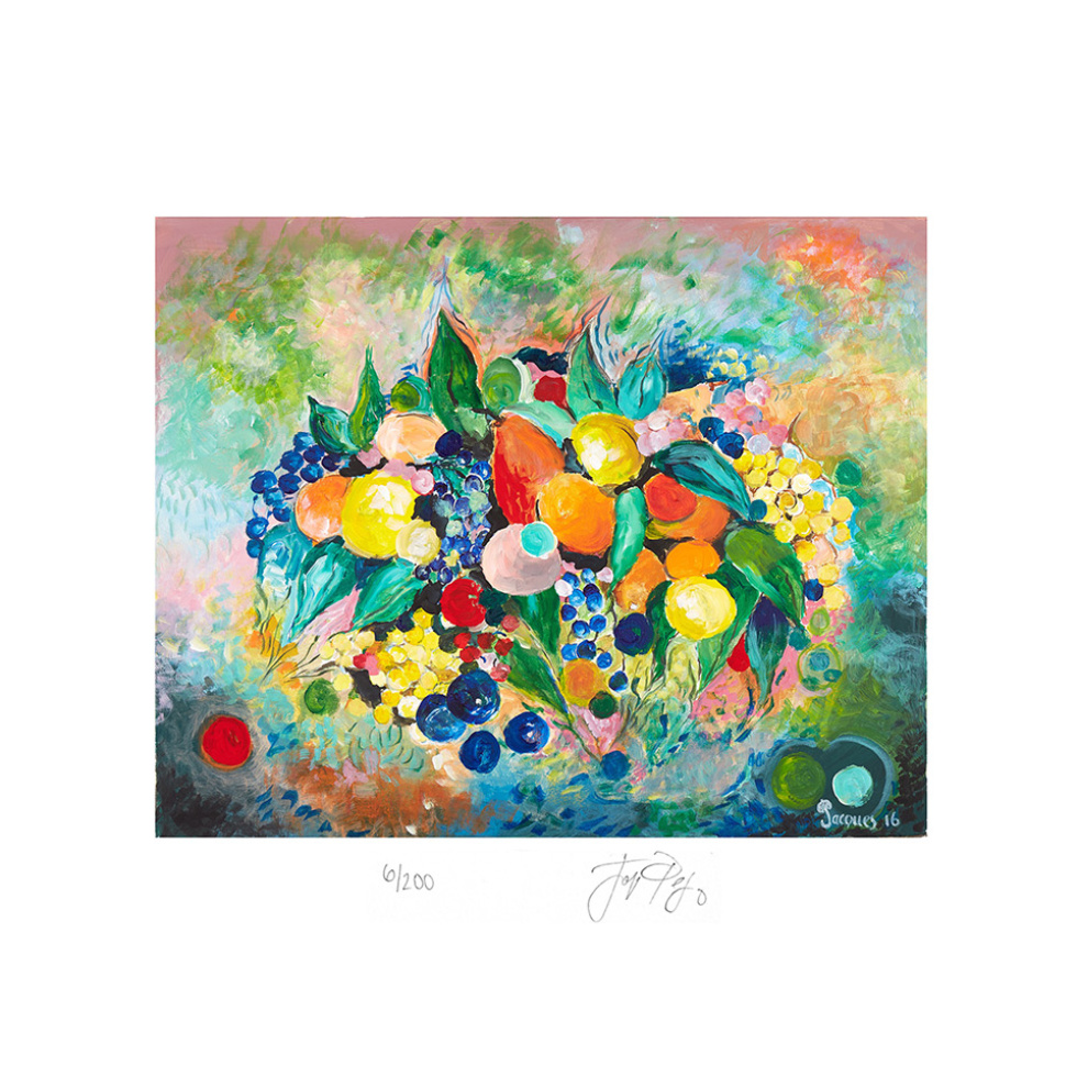 “Fruit Eruption” unframed limited edition Jacques Pepin print. Individually signed and numbered.