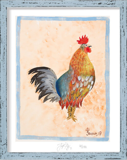 “Hippie Cock” framed limited edition Jacques Pepin print. Individually signed and numbered.
