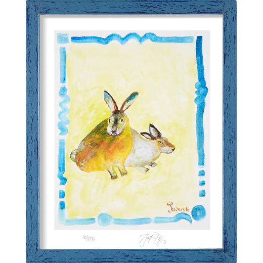 “Rabbits on Yellow” framed limited edition Jacques Pepin print. Individually signed and numbered.