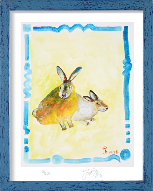 “Rabbits on Yellow” framed limited edition Jacques Pepin print. Individually signed and numbered.