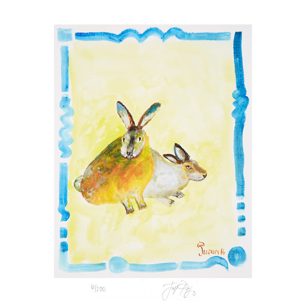 “Rabbits on Yellow” unframed limited edition Jacques Pepin print. Individually signed and numbered.