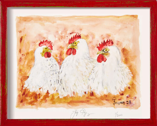 “Three Chickens of Bresse” (retired) framed limited edition Jacques Pepin print. Individually signed and numbered.