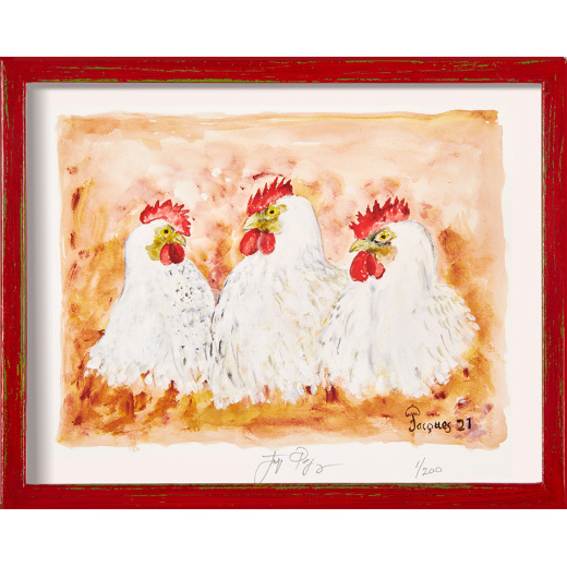“Three Chickens of Bresse” (retired) framed limited edition Jacques Pepin print. Individually signed and numbered.