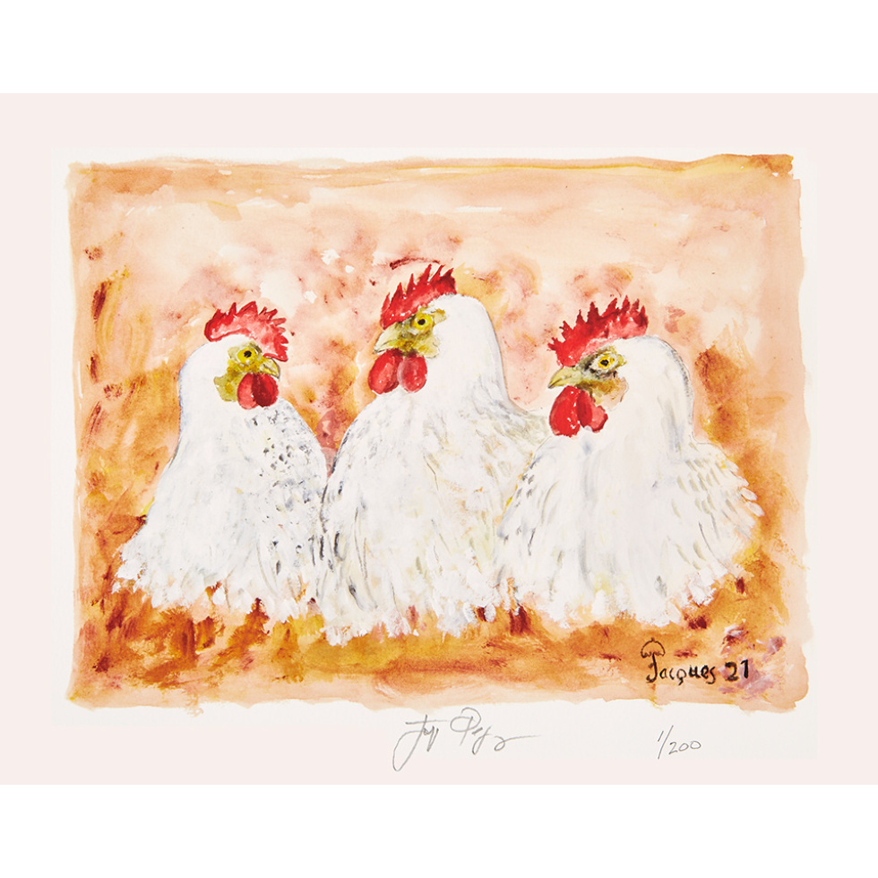 “Three Chickens of Bresse” (retired) unframed limited edition Jacques Pepin print. Individually signed and numbered.