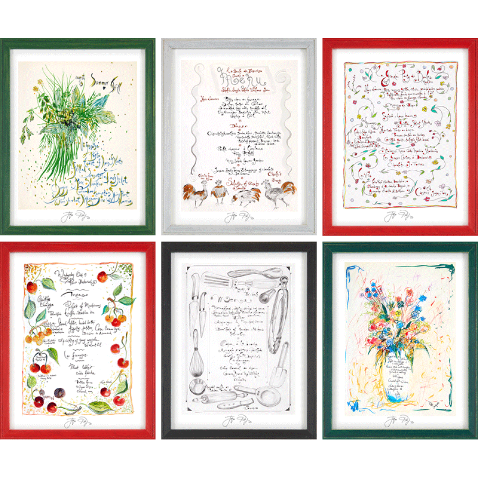“Set of Six Menus” framed Jacques Pepin menu print. Individually signed by the chef and artist.