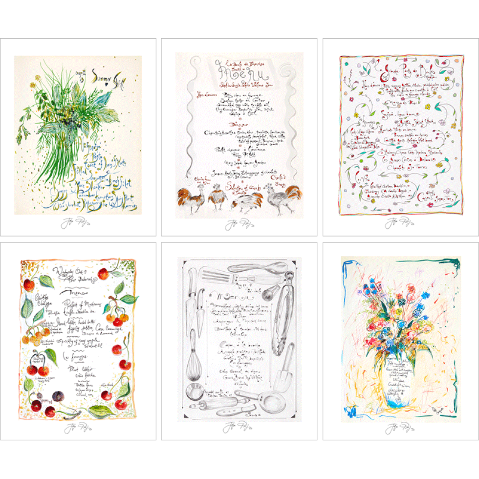 “Set of Six Menus” unframed Jacques Pepin menu print. Individually signed by the chef and artist.