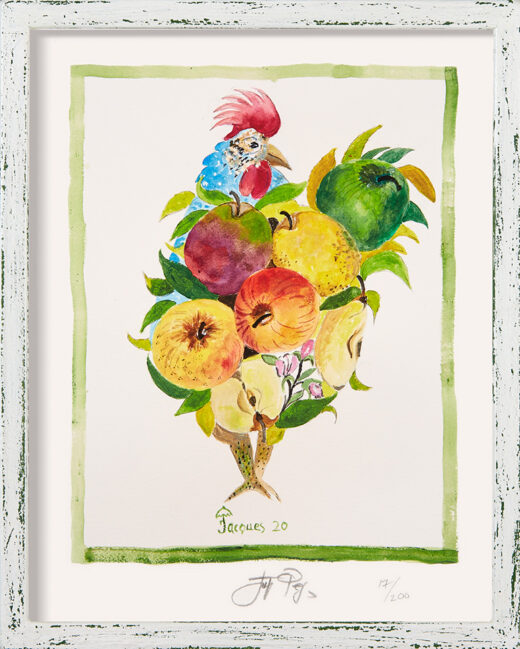 “Apples and Chicken” (retired) framed limited edition Jacques Pepin print. Individually signed and numbered.