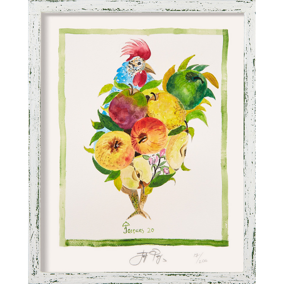 “Apples and Chicken” (retired) framed limited edition Jacques Pepin print. Individually signed and numbered.