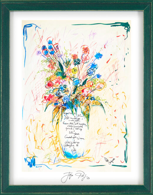 “August 26 Dinner” framed Jacques Pepin menu print. Individually signed by the chef and artist.