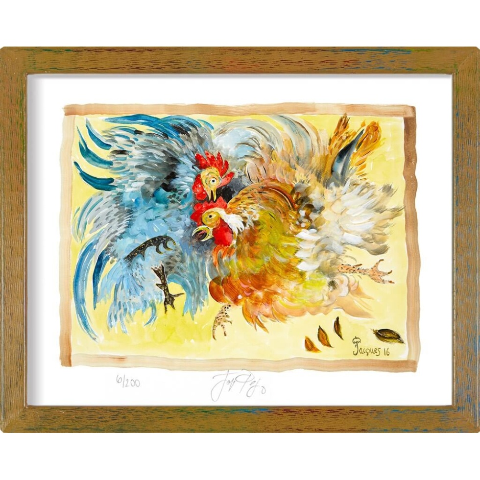 “Barnyard Brawl” (retired) framed limited edition Jacques Pepin print. Individually signed and numbered.