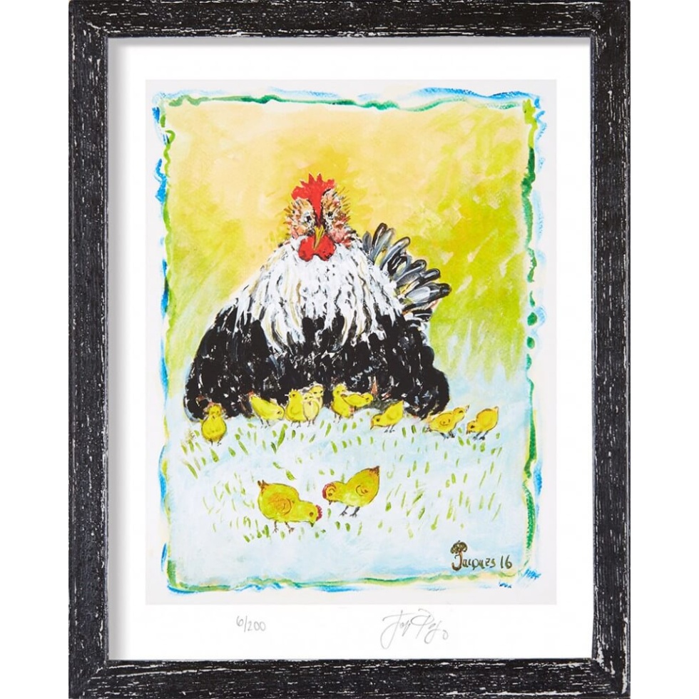 “Black Mother Hen” (retired) framed limited edition Jacques Pepin print. Individually signed and numbered.