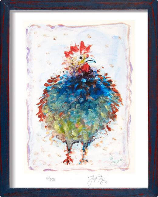 “Blue Cock” framed gallery-size limited edition Jacques Pepin print. Individually signed and numbered.