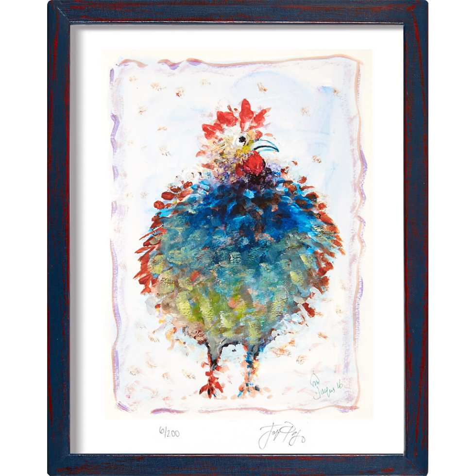 “Blue Cock” framed gallery-size limited edition Jacques Pepin print. Individually signed and numbered.