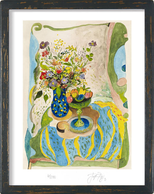 “Blue Tablecloth” (retired) framed limited edition Jacques Pepin print. Individually signed and numbered.