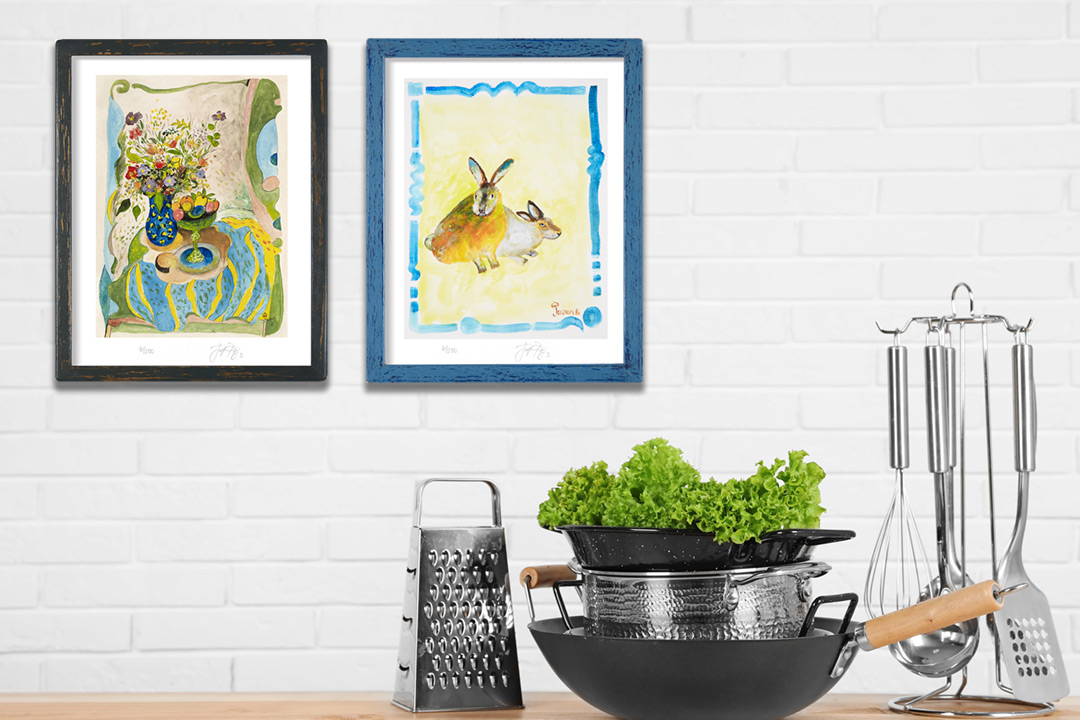 “Blue Tablecloth” and “Rabbits on Yellow”: Jacques Pepin Personal Hand-Rendered Menus. Photo/Illustration in Home Setting. Photo-illustration may include sold original artwork and/or retired limited edition prints.