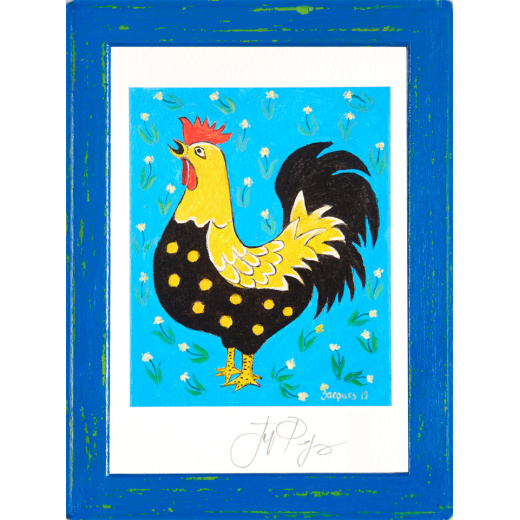 Signed 5″ x 7″ and custom-framed small art print of Jacques’ “Blue and Yellow Rooster” is an affordable holiday gift for a home kitchen or cafe, bistro or restaurant wall. Also available unframed in a gift set folder.