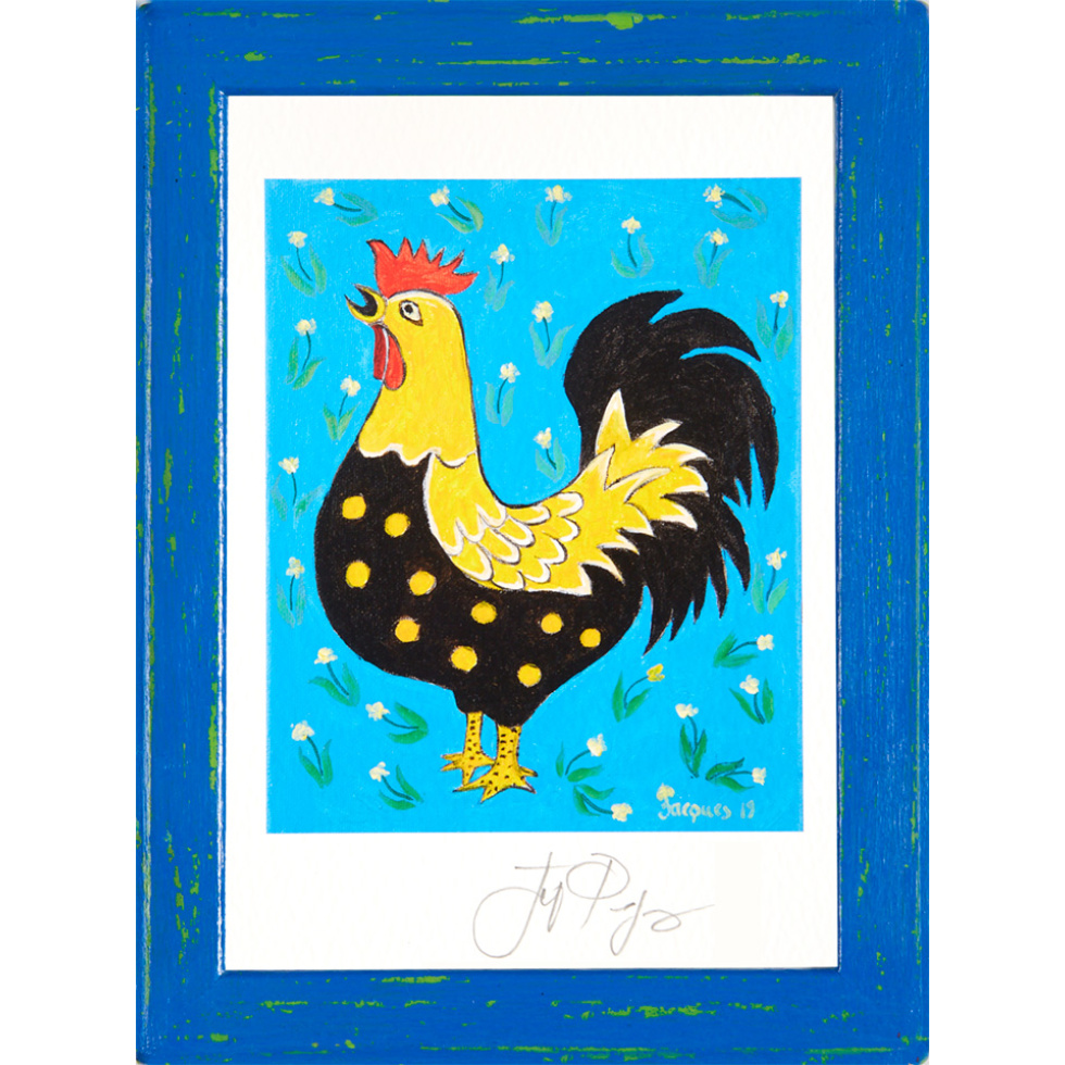 Signed 5″ x 7″ and custom-framed small art print of Jacques’ “Blue and Yellow Rooster” is an affordable holiday gift for a home kitchen or cafe, bistro or restaurant wall. Also available unframed in a gift set folder.