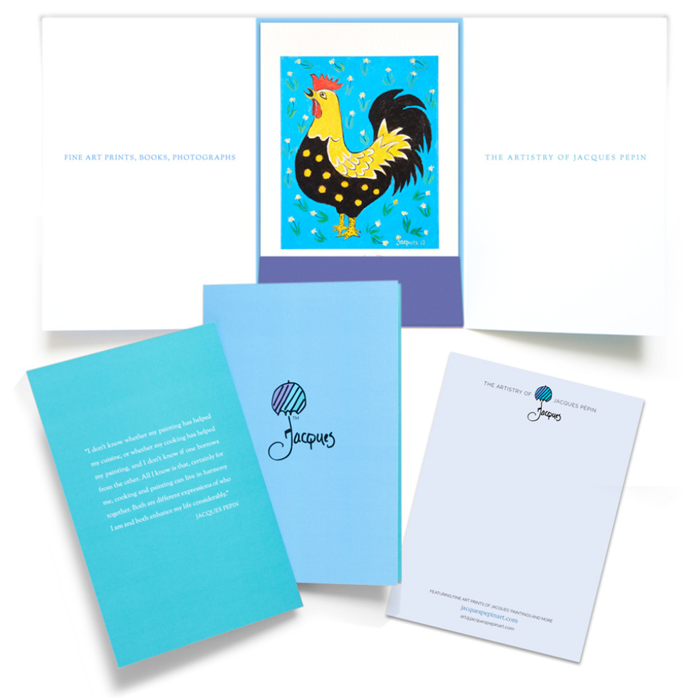 Each small giclée art print (5″ x 7″) of Jacques’ “Blue and Yellow Rooster” painting ios hand-signed by Jacques and includes an outer gift folder, a sheet of The Artistry of Jacques Pepin compact stationery and an envelope to hold everything. The print is also available framed without the folder and contents.