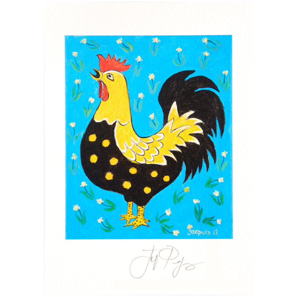 Each small giclée art print (5″ x 7″) of Jacques’ “Blue and Yellow Rooster” painting ios hand-signed by Jacques and includes an outer gift folder, a sheet of The Artistry of Jacques Pepin compact stationery and an envelope to hold everything. The print is also available framed without the folder and contents.