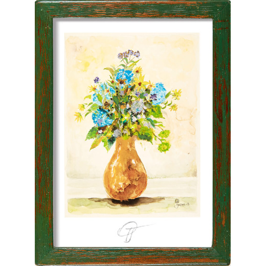 Signed 5″ x 7″ and custom-framed small art print of Jacques’ “Brown Vase” is an affordable holiday gift for a home kitchen or cafe, bistro or restaurant wall. Also available unframed in a gift set folder.