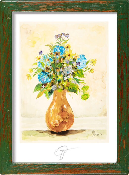 Signed 5″ x 7″ and custom-framed small art print of Jacques’ “Brown Vase” is an affordable holiday gift for a home kitchen or cafe, bistro or restaurant wall. Also available unframed in a gift set folder.