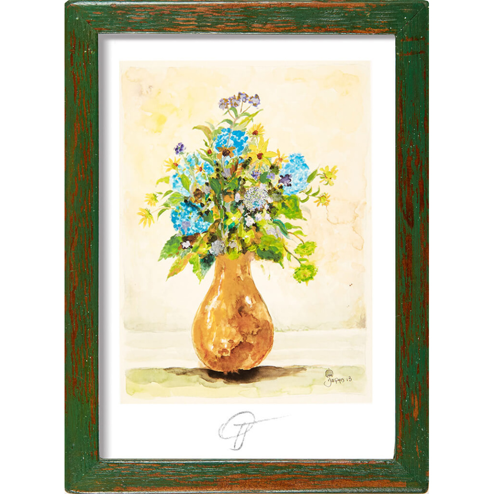 Signed 5″ x 7″ and custom-framed small art print of Jacques’ “Brown Vase” is an affordable holiday gift for a home kitchen or cafe, bistro or restaurant wall. Also available unframed in a gift set folder.