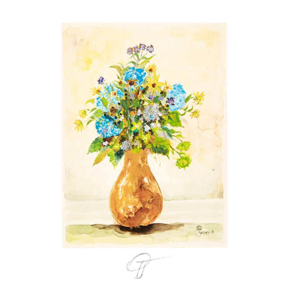 Each small giclée art print (5″ x 7″) of Jacques’ “Brown Vase” painting is hand-signed by Jacques and includes an outer gift folder, a sheet of The Artistry of Jacques Pepin compact stationery and an envelope to hold everything. The print is also available framed without the folder and contents.