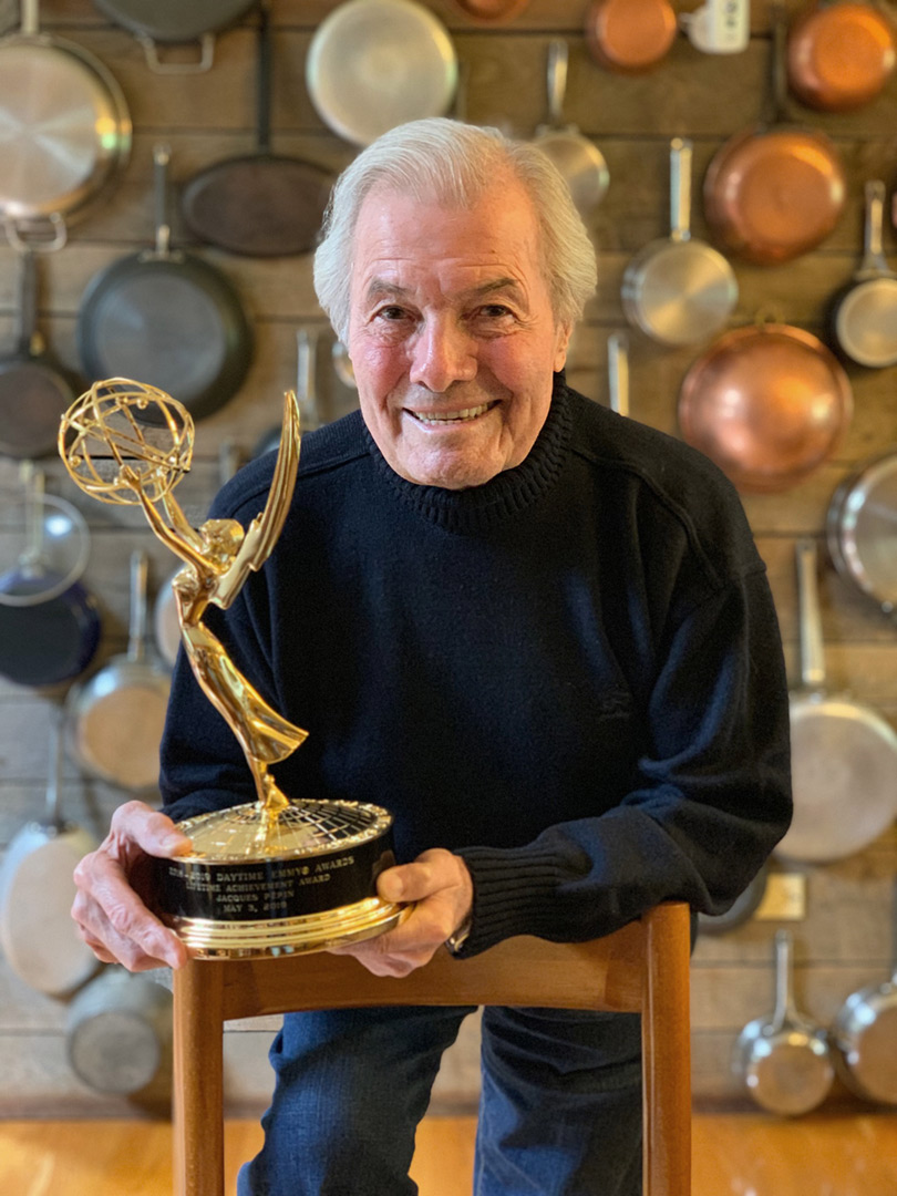 Photograph of Chef and Artist Jacques Pepin. Here’s Jacques at home with his Daytime Emmy!