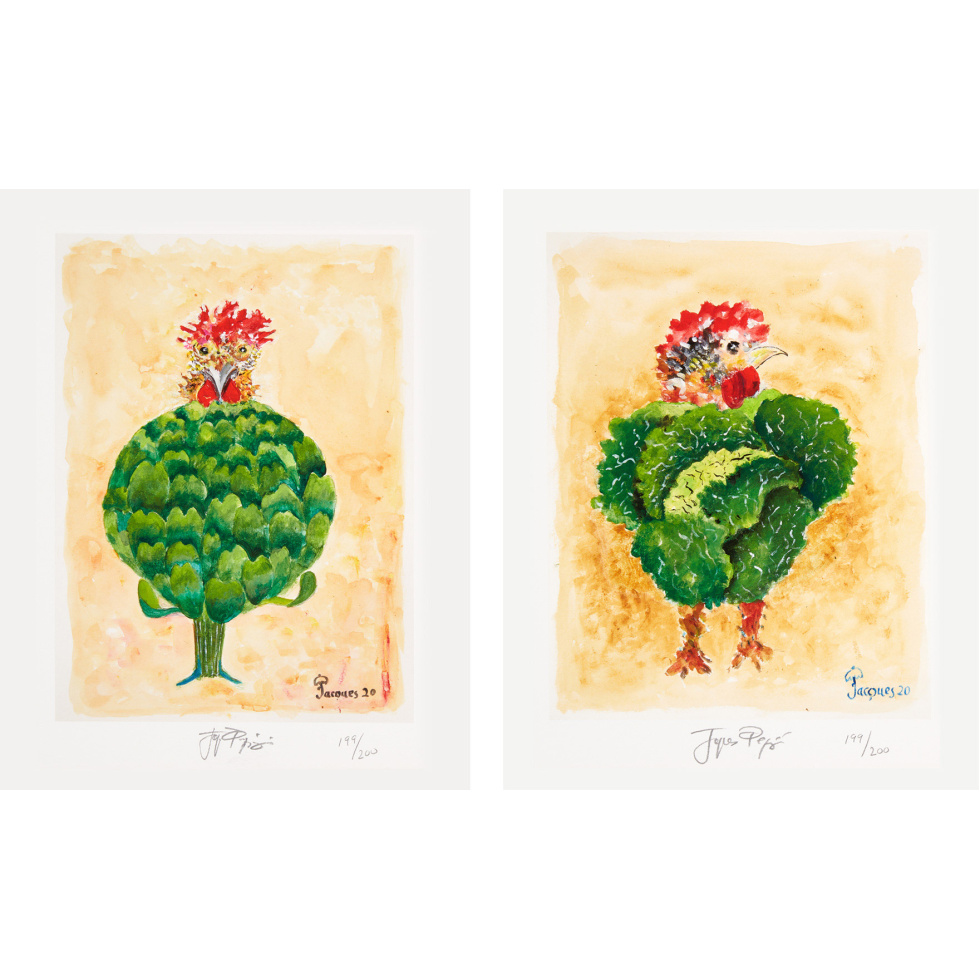 “Chickens with Vegetables” Pair unframed limited edition Jacques Pepin print. Individually signed and numbered.