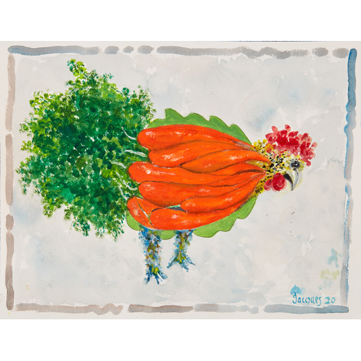 “Chicken with Carrots” Original Artwork For Sale by Chef and Artist Jacques Pepin