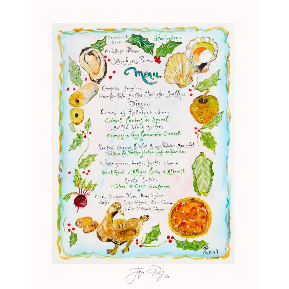 “December 18 Christmas Menu” unframed Jacques Pepin menu print. Individually signed by the chef and artist.