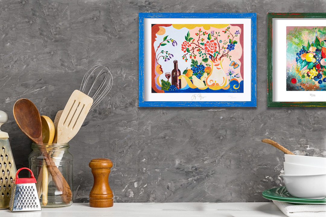 “Epicurean” and “Fruit Explosion” Limited Edition Prints: Jacques Pepin Personal Hand-Rendered Menus. Photo/Illustration in Home Setting. Photo-illustration may include sold original artwork and/or retired limited edition prints.