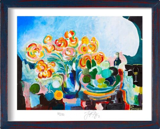 “Flowers and Wine” (retired) framed limited edition Jacques Pepin print. Individually signed and numbered.
