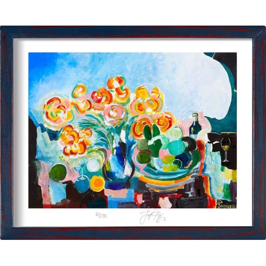 “Flowers and Wine” (retired) framed limited edition Jacques Pepin print. Individually signed and numbered.