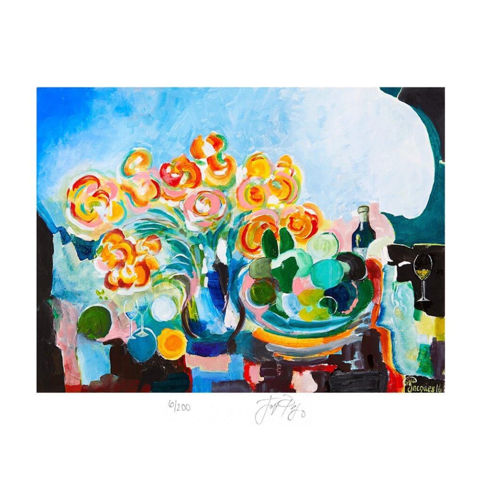 “Flowers and Wine” (retired) unframed limited edition Jacques Pepin print. Individually signed and numbered.