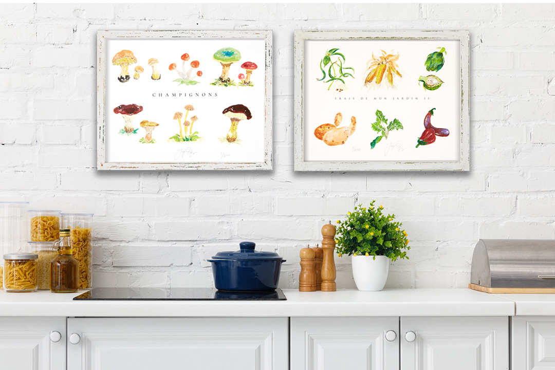 “Champignons” and “Frais du Mon Jardin” Pair: Jacques Pepin Personal Hand-Rendered Menus. Photo/Illustration in Home Setting. Photo-illustration may include sold original artwork and/or retired limited edition prints.