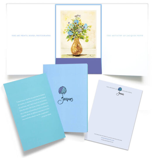 Each small giclée art print (5″ x 7″) of Jacques’ “Brown Vase” painting is hand-signed by Jacques and includes an outer gift folder, a sheet of The Artistry of Jacques Pepin compact stationery and an envelope to hold everything. The print is also available framed without the folder and contents.