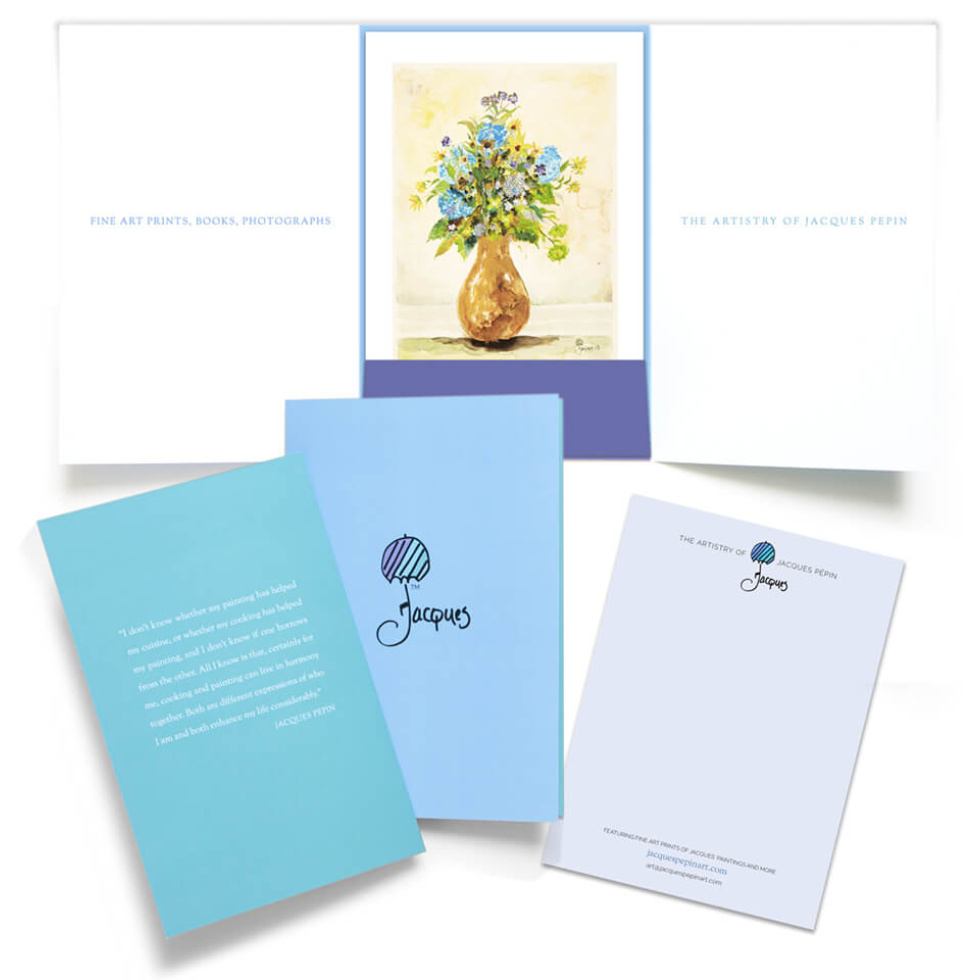 Each small giclée art print (5″ x 7″) of Jacques’ “Brown Vase” painting is hand-signed by Jacques and includes an outer gift folder, a sheet of The Artistry of Jacques Pepin compact stationery and an envelope to hold everything. The print is also available framed without the folder and contents.
