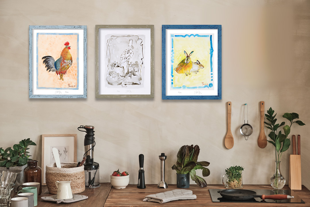 “Hippie Cock”, “La Cuisine” and “Rabbits on Yellow”: Jacques Pepin Personal Hand-Rendered Menus. Photo/Illustration in Home Setting. Photo-illustration may include sold original artwork and/or retired limited edition prints.