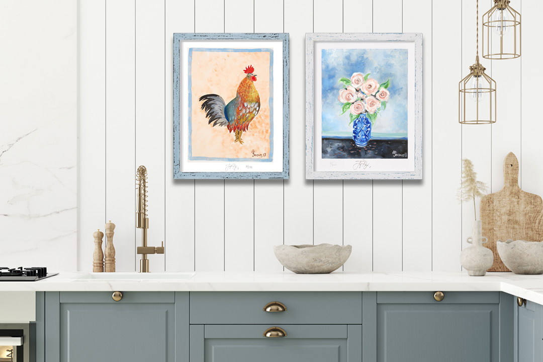 “Hippi Cock” and “Roses”: Jacques Pepin Personal Hand-Rendered Menus. Photo/Illustration in Home Setting. Photo-illustration may include sold original artwork and/or retired limited edition prints.