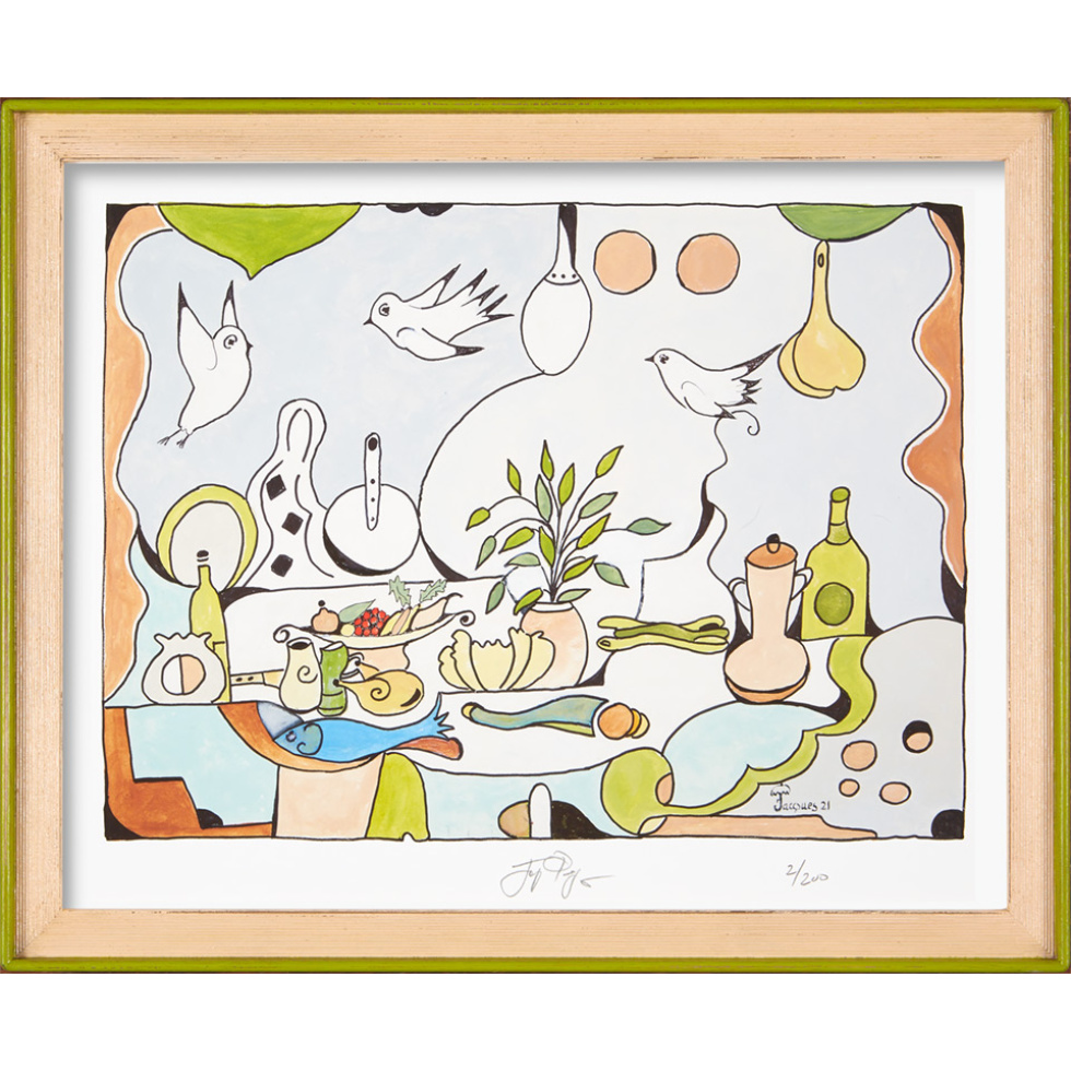 “In My Kitchen” framed gallery-size limited edition Jacques Pepin print. Individually signed and numbered.