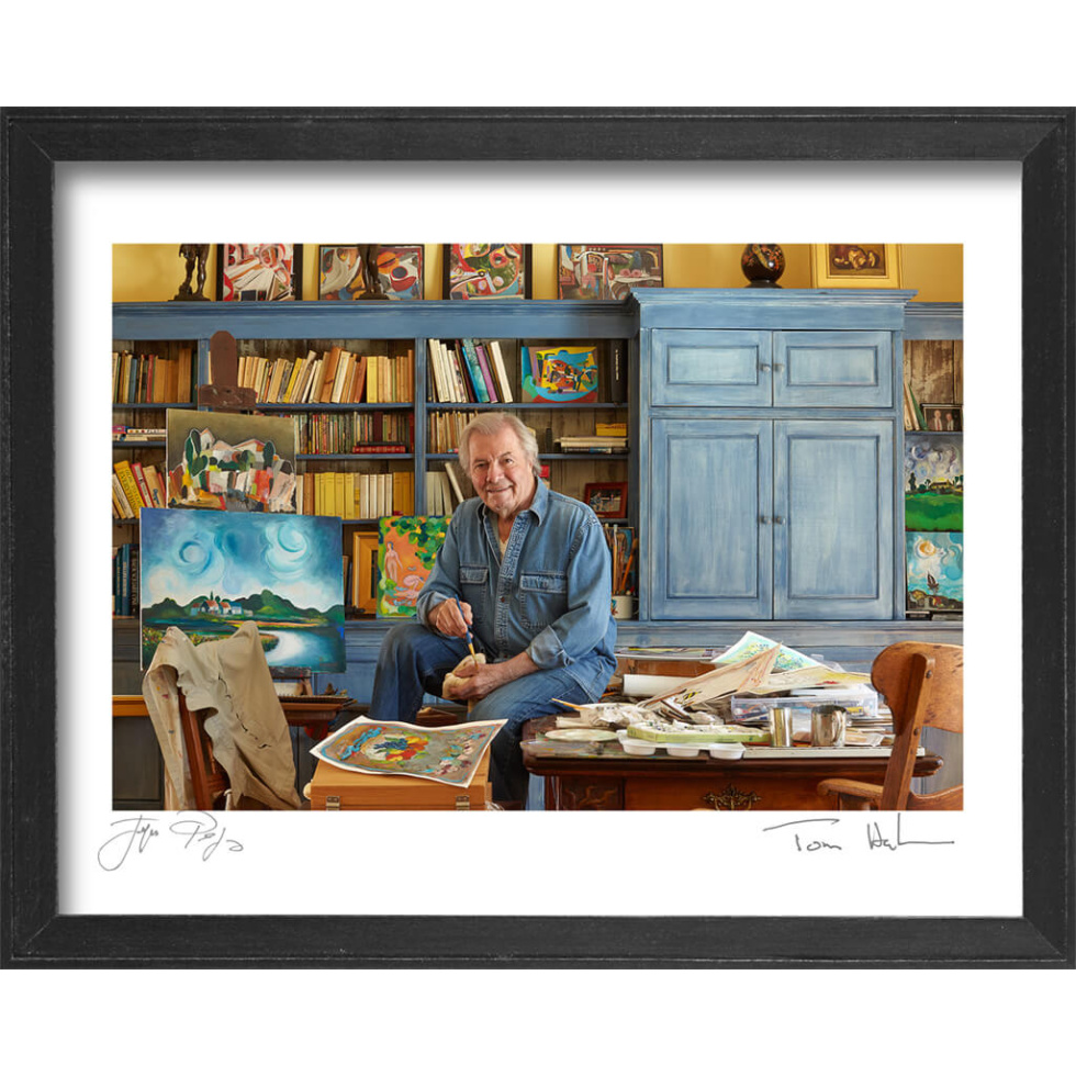 “Jacques Pepin In His Art Studio” is a fine-art giclée print of an original photograph. Each print is individually signed by Jacques’ photographer friend Tom Hopkins. This is the framed version.