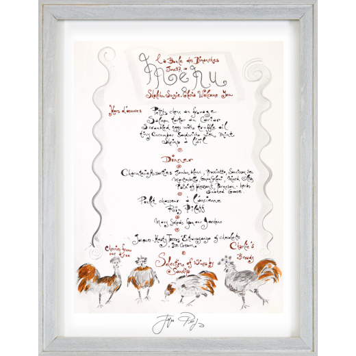 “La Boules des Dimanches” framed Jacques Pepin menu print. Individually signed by the chef and artist.