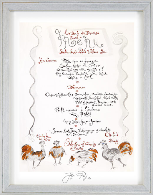 “La Boules des Dimanches” framed Jacques Pepin menu print. Individually signed by the chef and artist.