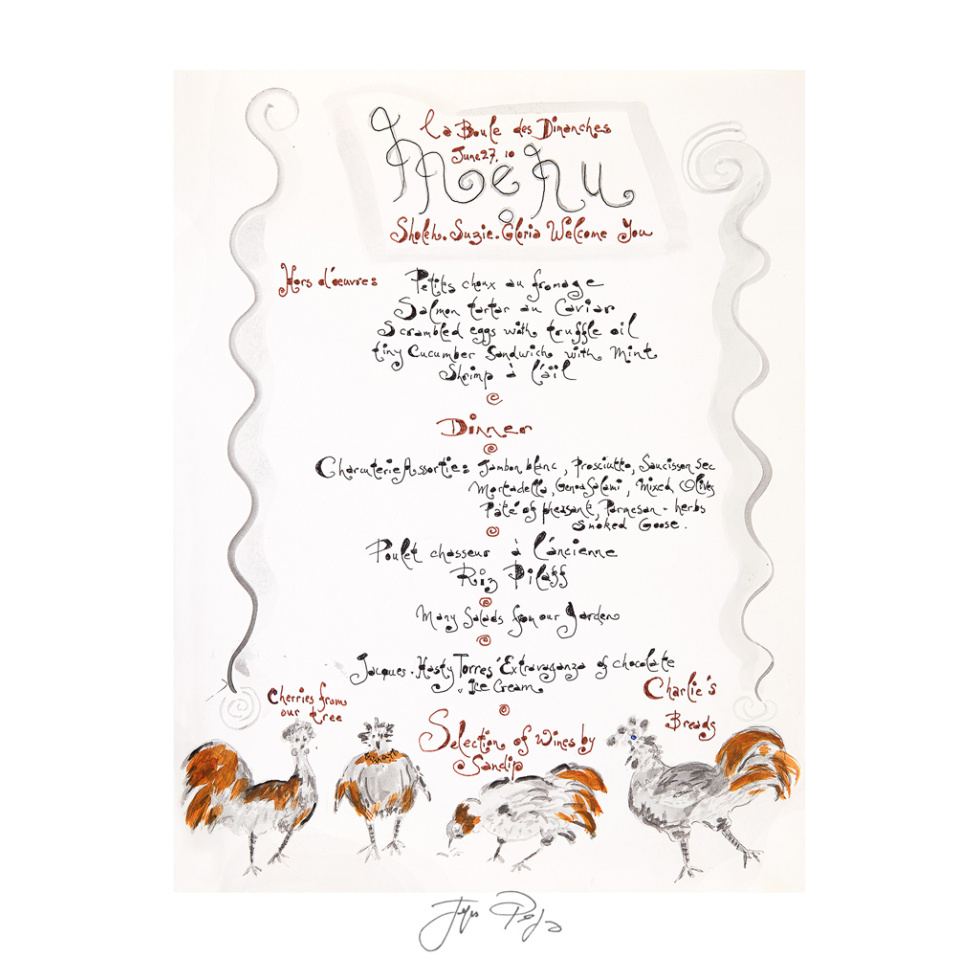 “La Boules des Dimanche” unframed Jacques Pepin menu print. Individually signed by the chef and artist.