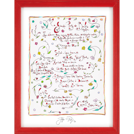 “La Grande Party de Boules” framed Jacques Pepin menu print. Individually signed by the chef and artist.
