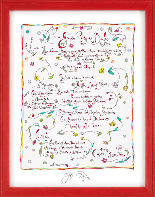 “La Grande Party de Boules” framed Jacques Pepin menu print. Individually signed by the chef and artist.