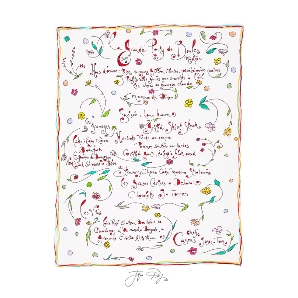 “La Grande Party de Boules” unframed Jacques Pepin menu print. Individually signed by the chef and artist.