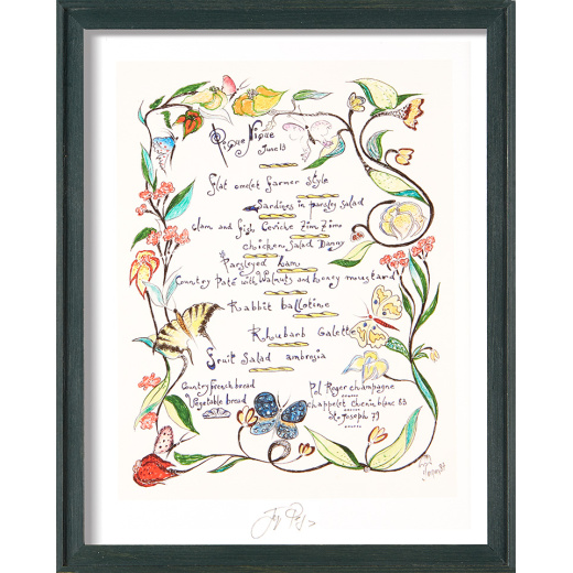 “Le Pique-Nique” framed Jacques Pepin menu print. Individually signed by the chef and artist.